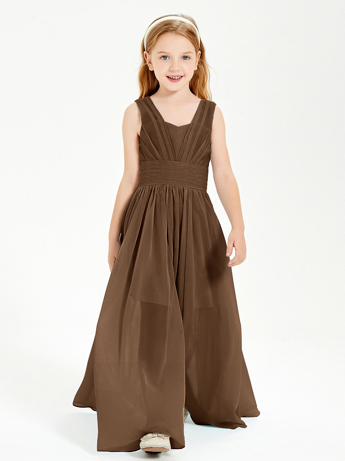 Long V-neck Junior Bridesmaid Dresses Brown